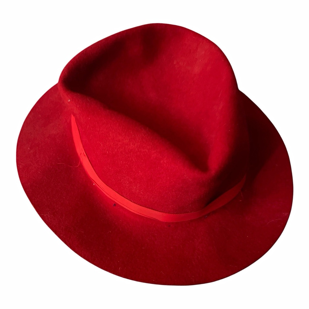 Effanem Crusher Fedora Hat Red Wool Felt Solid Ribbon Band size 7-1/8